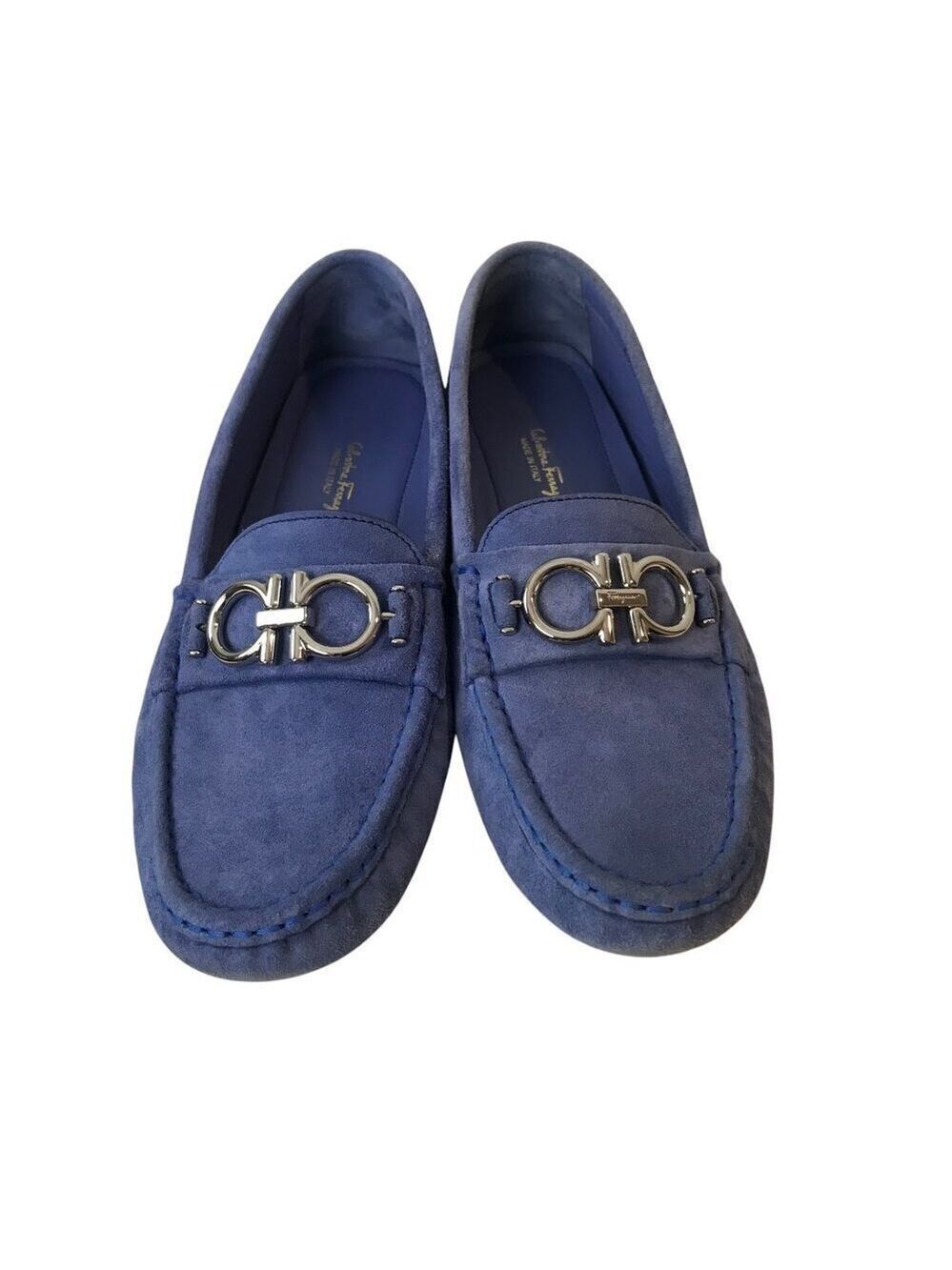 Salvatore Ferragamo Ladies Berra Gancini Driver Suede Moccasin In Blue Size 9
